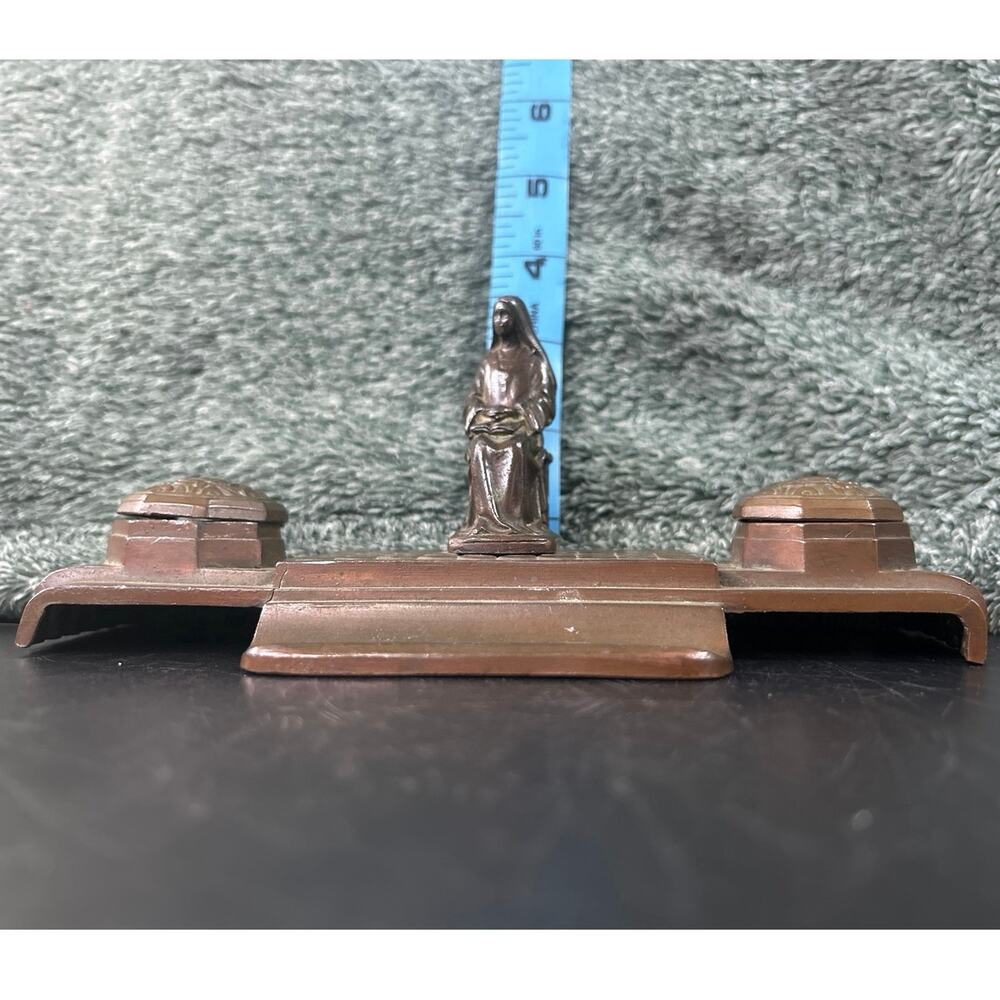 Antique French Religious Brass Double Inkwell c1890